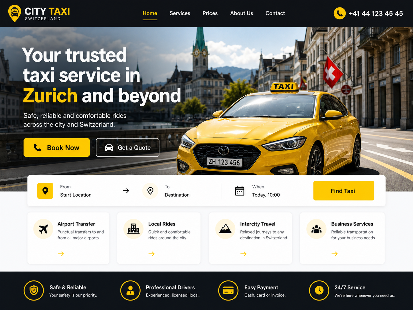 Webseitenvorschau eines Taxiunternehmens mit Fahrzeug, Buchungsbutton und Servicekarten